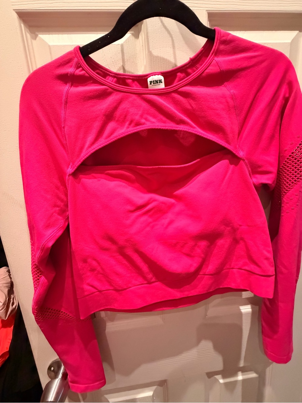 PINK Victoria's Secret Long Sleeve Hot Pink Cutout Crop Top XLARGE
